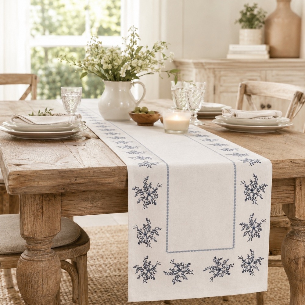 My Texas House Caminero Blue Floral Cotton Table Runner Reversible 14x90 New